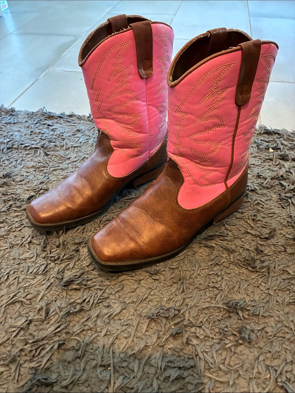Kids Brown Leather & Pink Western Boots
